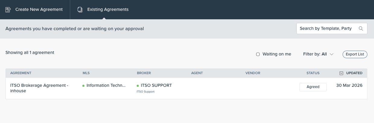 Existing Agreements list with Agreed status