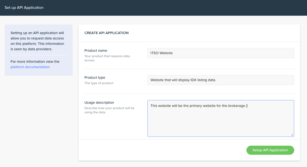 Create API Application form filled out